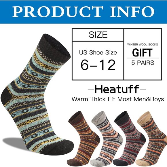 5 Pairs Wool Socks Mens Warm Winter Thermal Thick Pattern Crew Socks for Cold We - Picture 5 of 7
